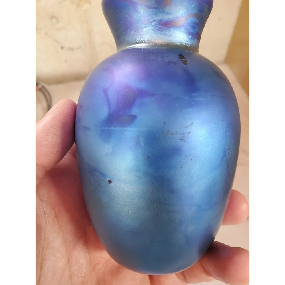 Stunning Blue Iridescent Glass Vase, Vintage, 4.25